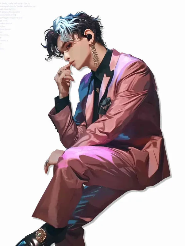 A male idol wearing a pink suit, left hand is on his chest, right index finger is on his mouth，black leather shoes，face upward，head up movement,headset，anime style - style2部分