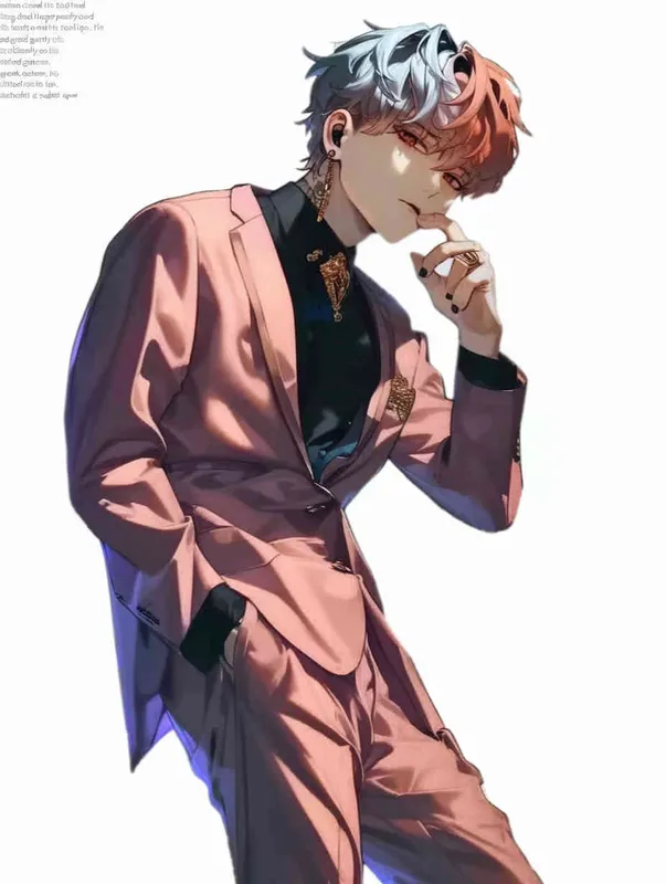 A male idol wearing a pink suit, left hand is on his chest, right index finger is on his mouth，black leather shoes，face upward，head up movement,headset，anime style - style3部分