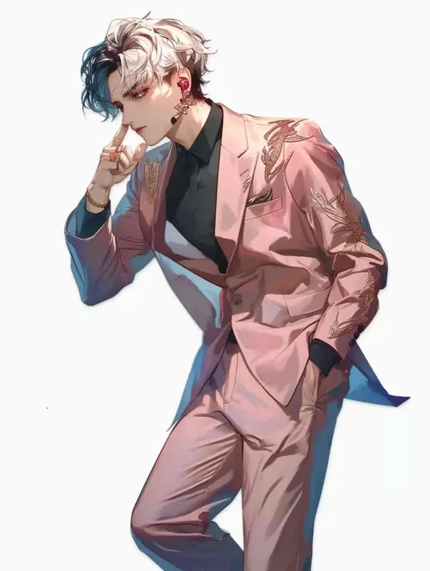 A male idol wearing a pink suit, left hand is on his chest, right index finger is on his mouth，black leather shoes，face upward，head up movement,headset，anime style - style1部分