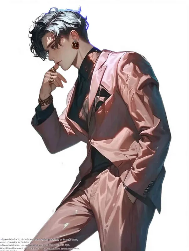 A male idol wearing a pink suit, left hand is on his chest, right index finger is on his mouth，black leather shoes，face upward，head up movement,headset，anime style - style2部分