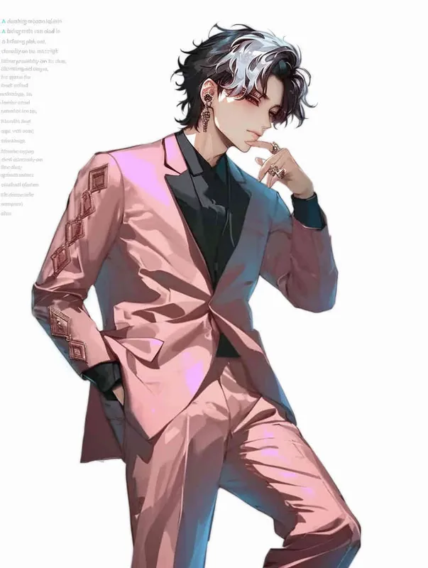 A male idol wearing a pink suit, left hand is on his chest, right index finger is on his mouth，black leather shoes，face upward，head up movement,headset，anime style - style3部分