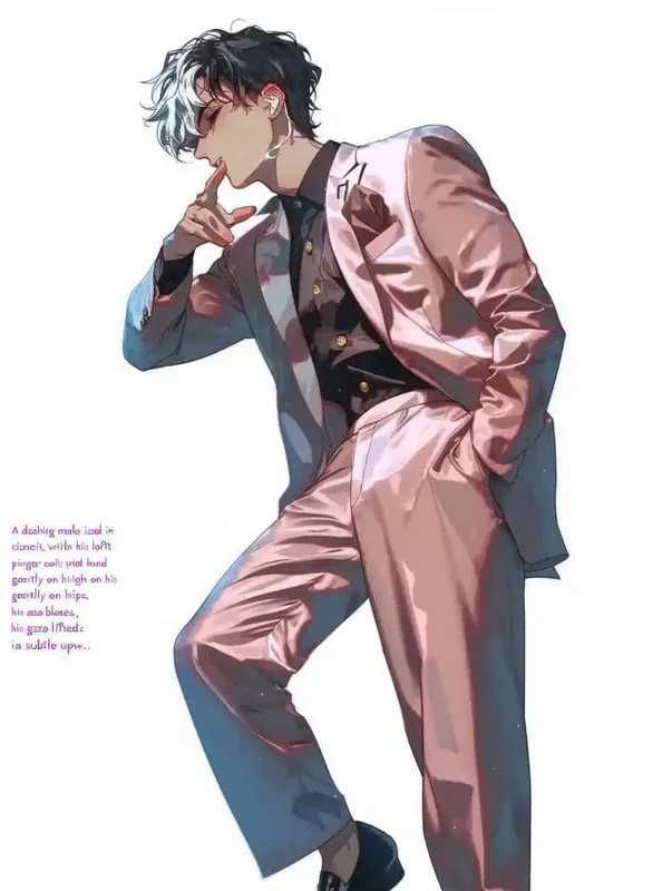 A male idol wearing a pink suit, left hand is on his chest, right index finger is on his mouth，black leather shoes，face upward，head up movement,headset，anime style - style4部分