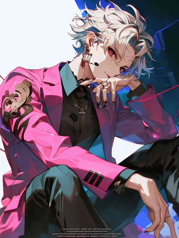 A male idol wearing a pink suit, left hand is on his chest, right index finger is on his mouth，black leather shoes，face upward，head up movement,headset，anime style – AI绘画作品展示 | Midjourney中文版生成
