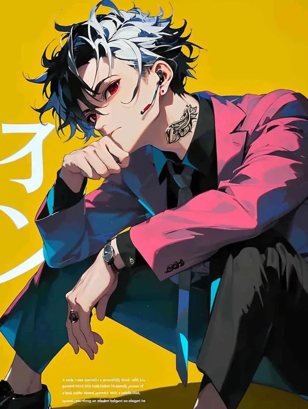A male idol wearing a pink suit, left hand is on his chest, right index finger is on his mouth，black leather shoes，face upward，head up movement,headset，anime style - style2部分