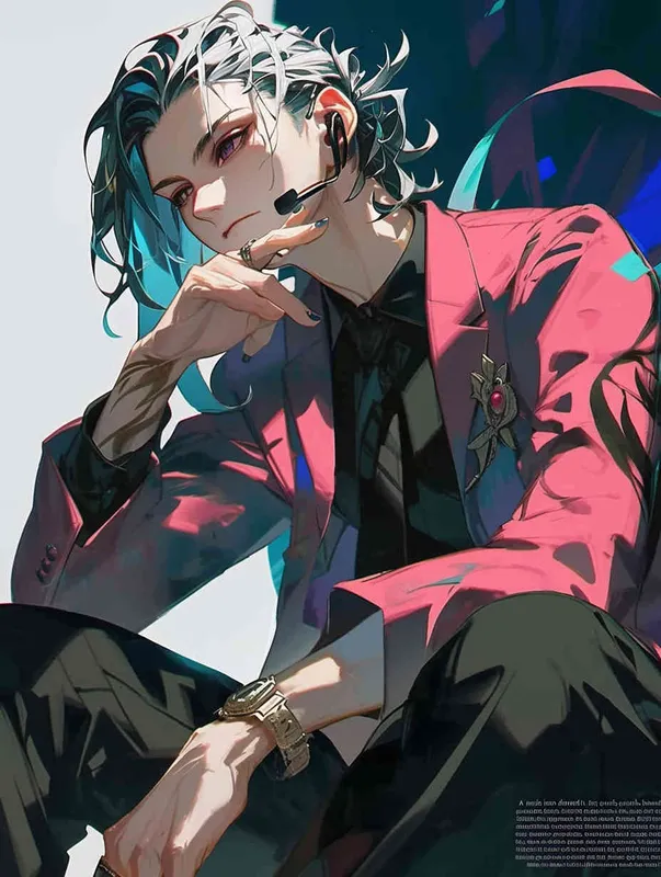 A male idol wearing a pink suit, left hand is on his chest, right index finger is on his mouth，black leather shoes，face upward，head up movement,headset，anime style - style3部分