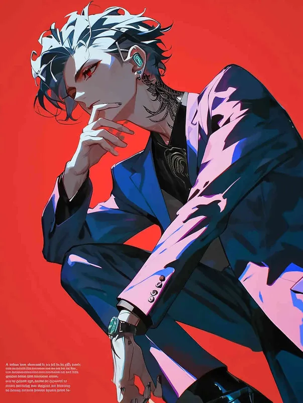 A male idol wearing a pink suit, left hand is on his chest, right index finger is on his mouth，black leather shoes，face upward，head up movement,headset，anime style - style4部分