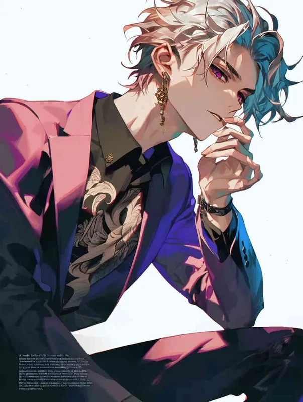 A male idol wearing a pink suit, left hand is on his chest,  full body , right index finger is on his mouth，black leather shoes，face upward，head up movement,headset，anime style - AI绘画作品展示 | Midjourney中文版生成
