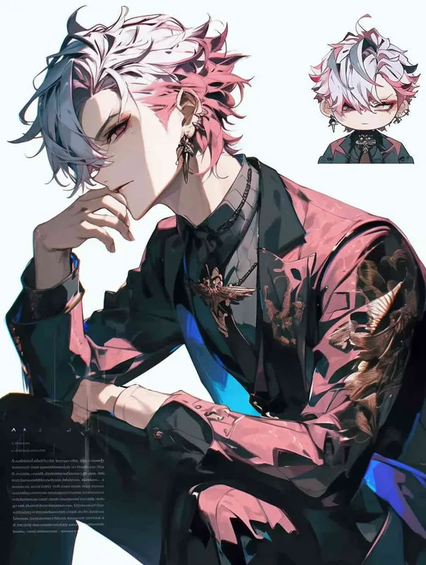 A male idol wearing a pink suit, left hand is on his chest,  full body , right index finger is on his mouth，black leather shoes，face upward，head up movement,headset，anime style - AI绘画作品展示 | Midjourney中文版生成