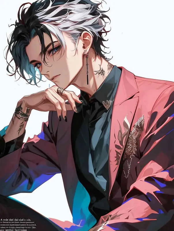 A male idol wearing a pink suit, left hand is on his chest,  full body , right index finger is on his mouth，black leather shoes，face upward，head up movement,headset，anime style - style3部分