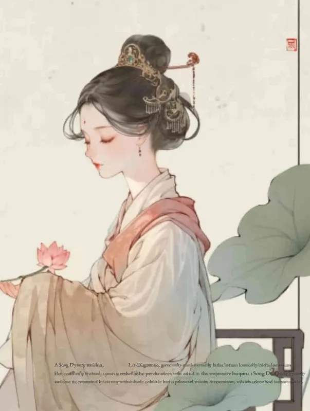 A Chinese Song Dynasty girl, Li Qingzhao, holding lotus flowers, calmly sits on a stool. Her side is adorned with curled hair and hairpins, dressed in Song Dynasty clothing, Hanfu, and a cross collar stylewhite background,  She adopts the traditional Chinese ink painting style of minimalism and ink painting - style1部分
