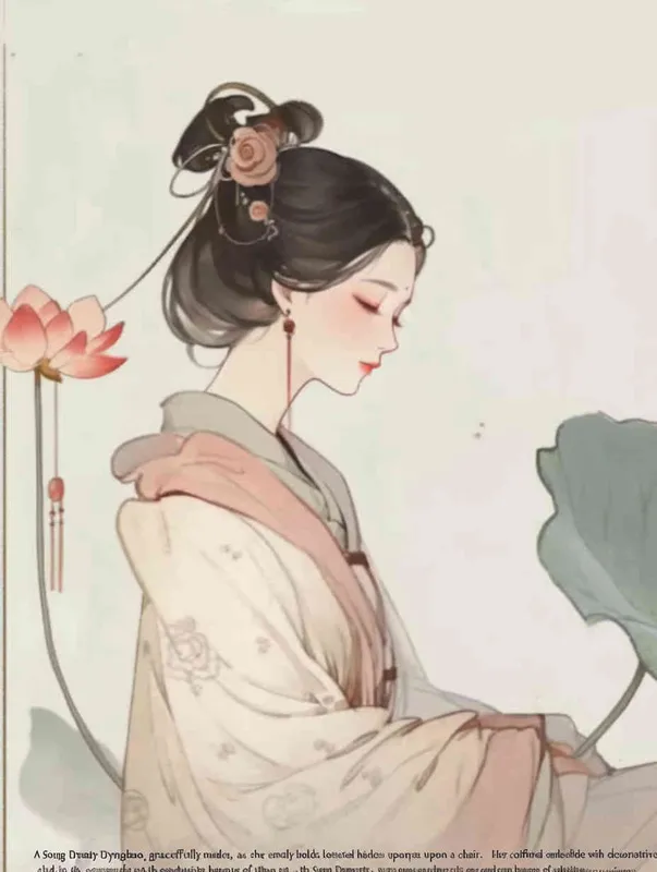 A Chinese Song Dynasty girl, Li Qingzhao, holding lotus flowers, calmly sits on a stool. Her side is adorned with curled hair and hairpins, dressed in Song Dynasty clothing, Hanfu, and a cross collar stylewhite background,  She adopts the traditional Chinese ink painting style of minimalism and ink painting - style3部分
