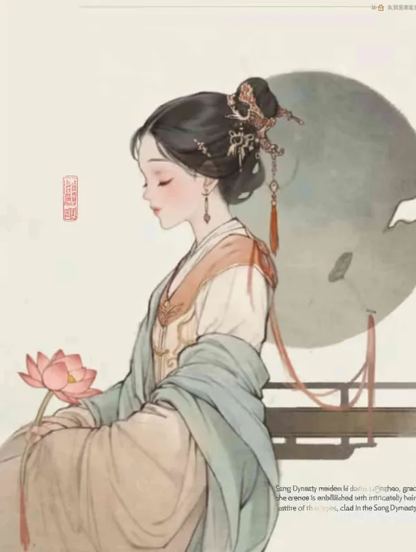 A Chinese Song Dynasty girl, Li Qingzhao, holding lotus flowers, calmly sits on a stool. Her side is adorned with curled hair and hairpins, dressed in Song Dynasty clothing, Hanfu, and a cross collar stylewhite background,  She adopts the traditional Chinese ink painting style of minimalism and ink painting - style4部分