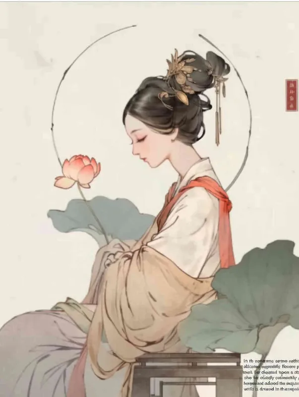 A Chinese Song Dynasty girl, Li Qingzhao, holding lotus flowers, calmly sits on a stool. Her side is adorned with curled hair and hairpins, dressed in Song Dynasty clothing, Hanfu, full body ,  and a cross collar stylewhite background, She adopts the traditional Chinese ink painting style of minimalism and ink painting - style1部分
