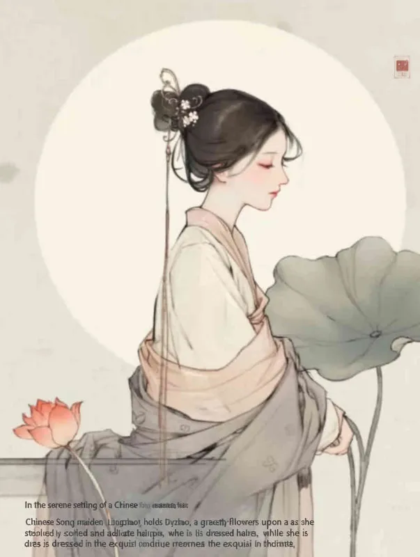 A Chinese Song Dynasty girl, Li Qingzhao, holding lotus flowers, calmly sits on a stool. Her side is adorned with curled hair and hairpins, dressed in Song Dynasty clothing, Hanfu, full body ,  and a cross collar stylewhite background, She adopts the traditional Chinese ink painting style of minimalism and ink painting - style3部分