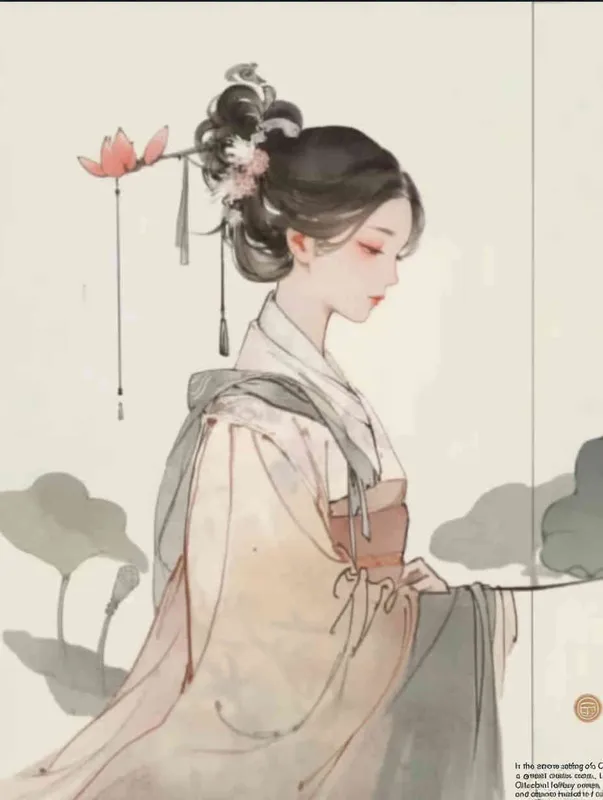 A Chinese Song Dynasty girl, Li Qingzhao, holding lotus flowers, calmly sits on a stool. Her side is adorned with curled hair and hairpins, dressed in Song Dynasty clothing, Hanfu, full body ,  and a cross collar stylewhite background, She adopts the traditional Chinese ink painting style of minimalism and ink painting - style4部分