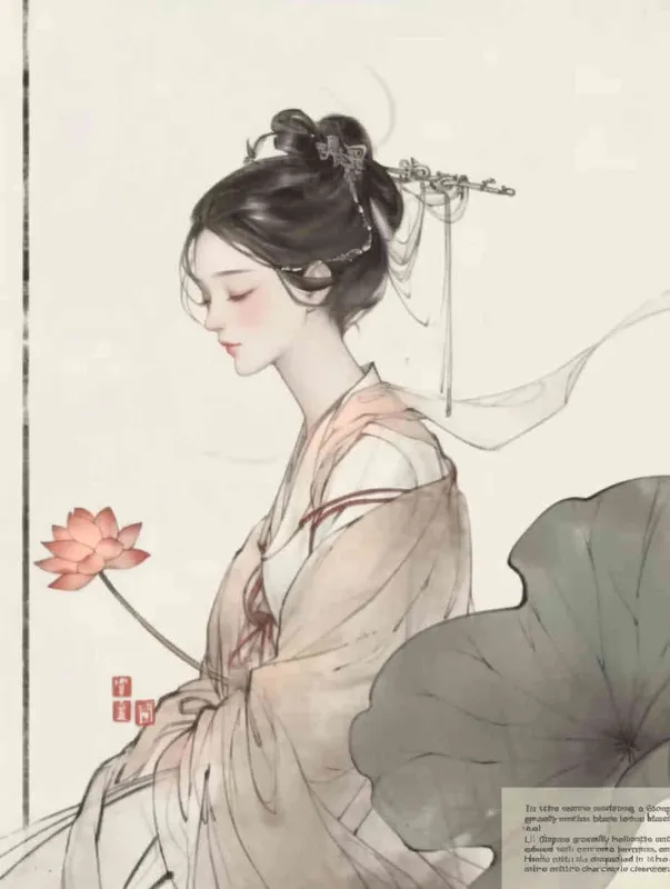 A Chinese Song Dynasty girl, Li Qingzhao, holding lotus flowers, joyful sits on a stool. Her side is adorned with curled hair and hairpins, dressed in Song Dynasty clothing, Hanfu, full body , and a cross collar stylewhite background, She adopts the traditional Chinese ink painting style of minimalism and ink painting  - style1部分