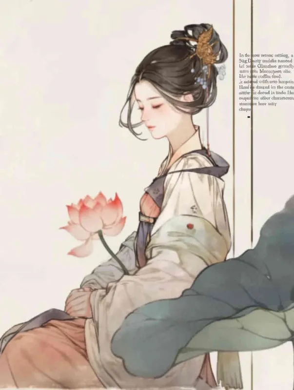 A Chinese Song Dynasty girl, Li Qingzhao, holding lotus flowers, joyful sits on a stool. Her side is adorned with curled hair and hairpins, dressed in Song Dynasty clothing, Hanfu, full body , and a cross collar stylewhite background, She adopts the traditional Chinese ink painting style of minimalism and ink painting  - style2部分