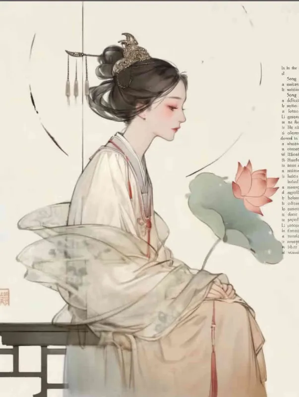 A Chinese Song Dynasty girl, Li Qingzhao, holding lotus flowers, joyful sits on a stool. Her side is adorned with curled hair and hairpins, dressed in Song Dynasty clothing, Hanfu, full body , and a cross collar stylewhite background, She adopts the traditional Chinese ink painting style of minimalism and ink painting  - style3部分