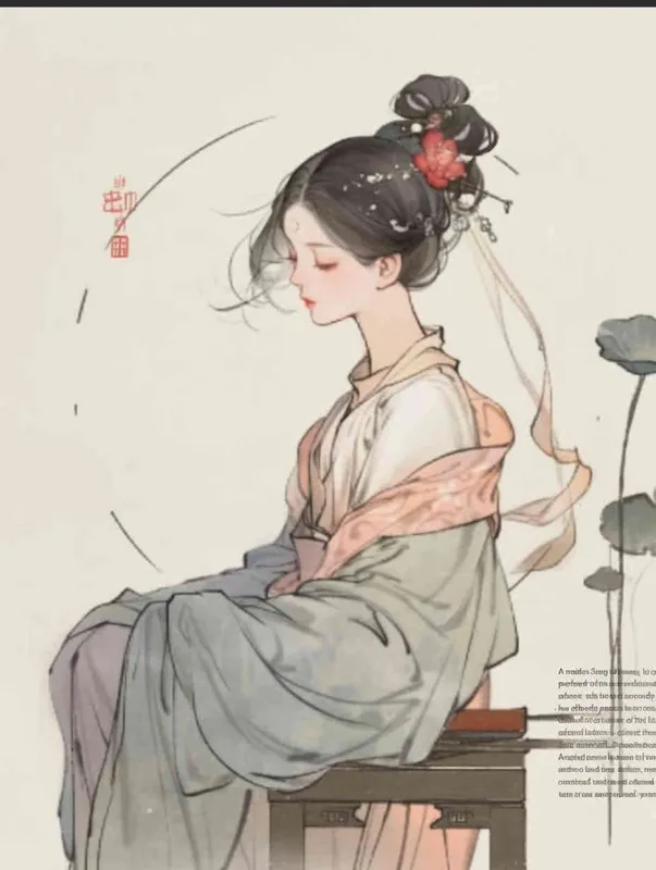 A Chinese Song Dynasty girl with an emoticon, Li Qingzhao, calmly sitting on a stool, front facing, with curled hair and hairpins, dressed in Song Dynasty clothing, Hanfu, cross necked, traditional Chinese ink painting style, minimalism, and ink painting - style1部分