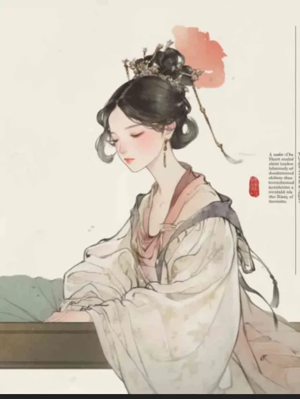 A Chinese Song Dynasty girl with an emoticon, Li Qingzhao, calmly sitting on a stool, front facing, with curled hair and hairpins, dressed in Song Dynasty clothing, Hanfu, cross necked, traditional Chinese ink painting style, minimalism, and ink painting - style2部分