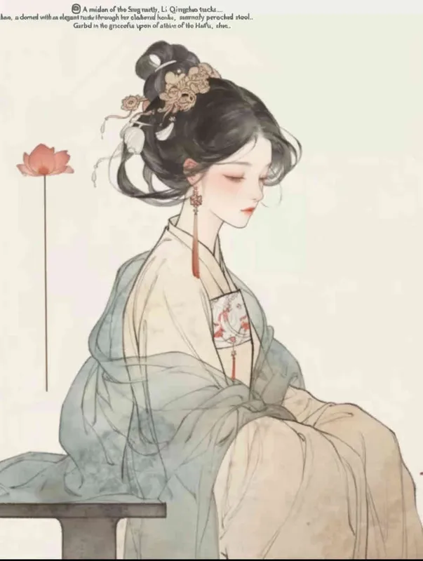 A Chinese Song Dynasty girl with an emoticon, Li Qingzhao, calmly sitting on a stool, front facing, with curled hair and hairpins, dressed in Song Dynasty clothing, Hanfu, cross necked, traditional Chinese ink painting style, minimalism, and ink painting - style3部分