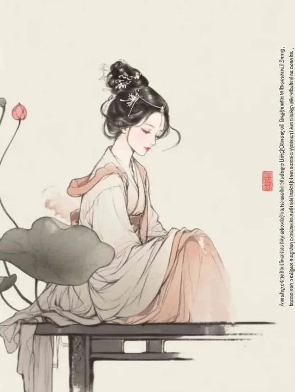 A Chinese Song Dynasty girl with an emoticon, Li Qingzhao, calmly sitting on a stool, front facing, with curled hair and hairpins, dressed in Song Dynasty clothing, Hanfu, cross necked, traditional Chinese ink painting style, minimalism, and ink painting - style4部分