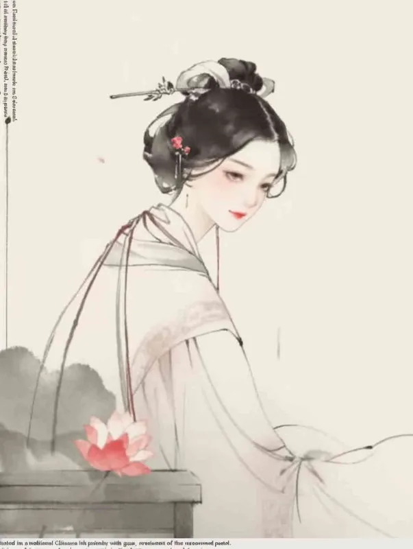 frontal view, A Chinese Song Dynasty girl with an emoticon, Li Qingzhao, calmly sitting on a stool, front facing, with curled hair and hairpins, dressed in Song Dynasty clothing, Hanfu, cross necked, traditional Chinese ink painting style, minimalism, and ink painting  - style1部分