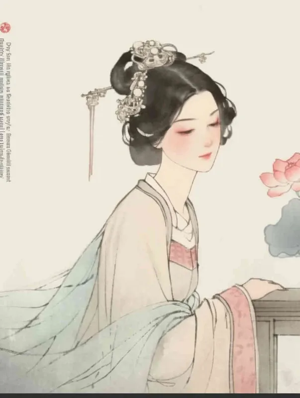 frontal view, A Chinese Song Dynasty girl with an emoticon, Li Qingzhao, calmly sitting on a stool, front facing, with curled hair and hairpins, dressed in Song Dynasty clothing, Hanfu, cross necked, traditional Chinese ink painting style, minimalism, and ink painting  - style2部分