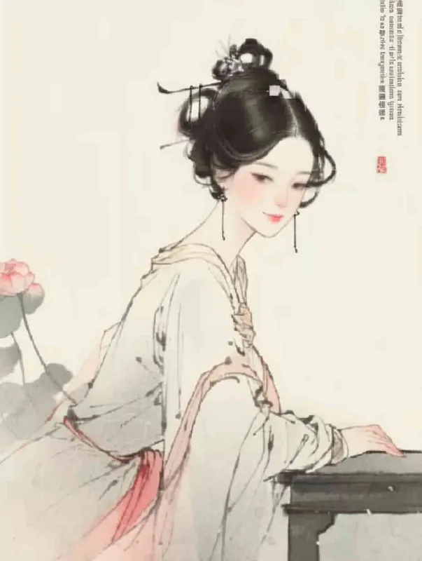 frontal view, A Chinese Song Dynasty girl with an emoticon, Li Qingzhao, calmly sitting on a stool, front facing, with curled hair and hairpins, dressed in Song Dynasty clothing, Hanfu, cross necked, traditional Chinese ink painting style, minimalism, and ink painting  - style3部分
