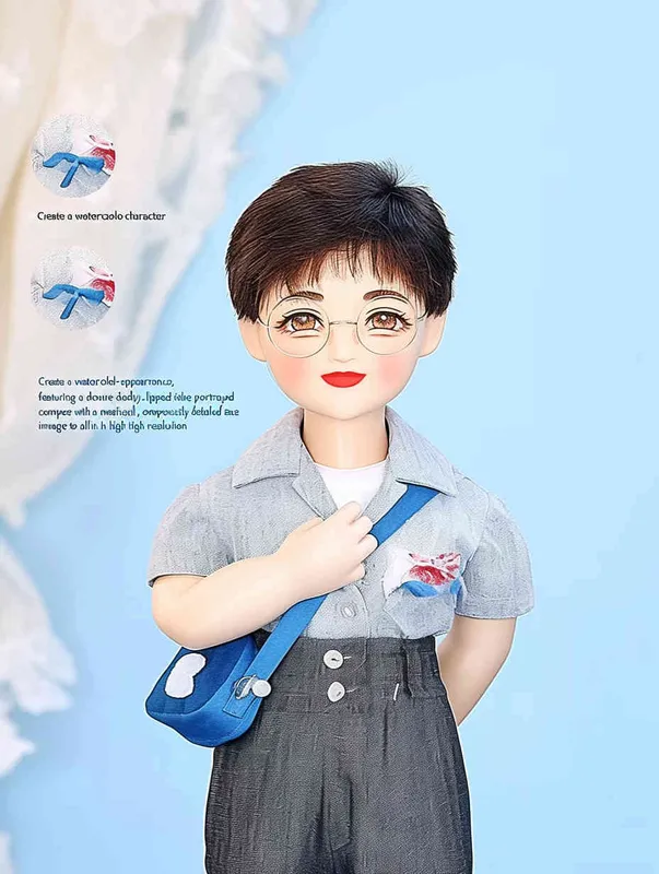 （制作一款水彩画风卡通人物），（卡通人物），（水彩风卡通人物），（可爱公仔样式），（闭口微笑），（人像正身），（半身），（精致脸），（要和图片画风一模一样），8000K分辨率 - AI绘画作品展示 | Midjourney中文版生成
