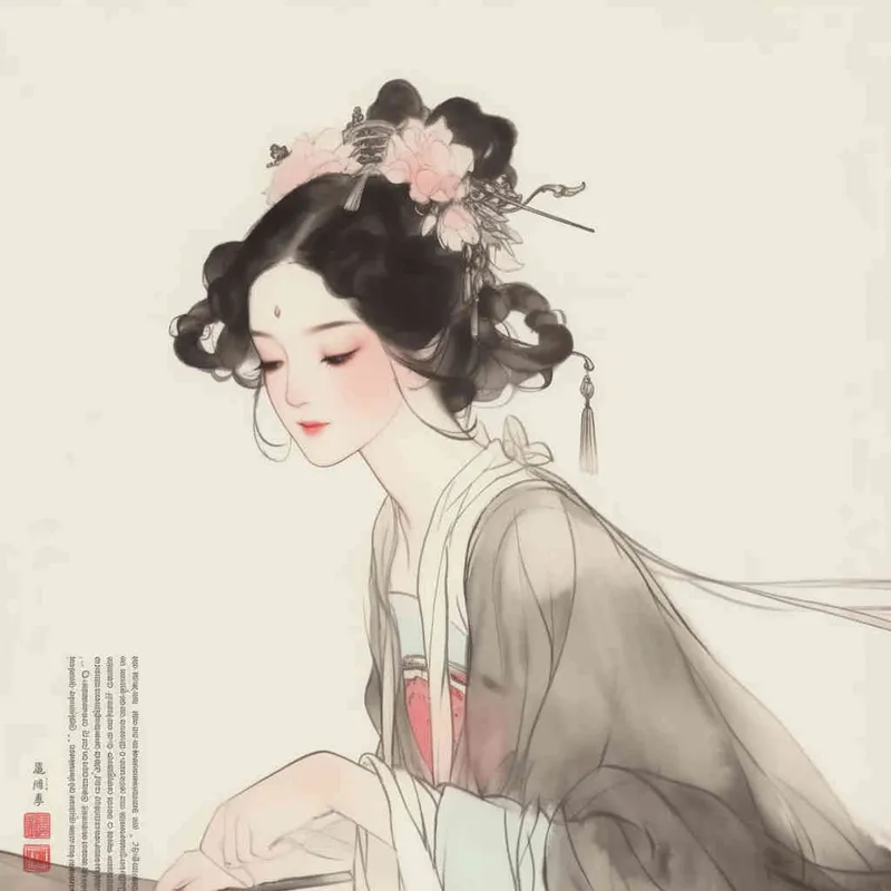A Chinese Song Dynasty girl,  an emoticon, Li Qingzhao, joyful sitting on a stool, front facing, with curled hair and hairpins, dressed in Song Dynasty clothing, Hanfu, cross necked, traditional Chinese ink painting style, minimalism, and ink painting, --cref , -- cw 100 - style1部分