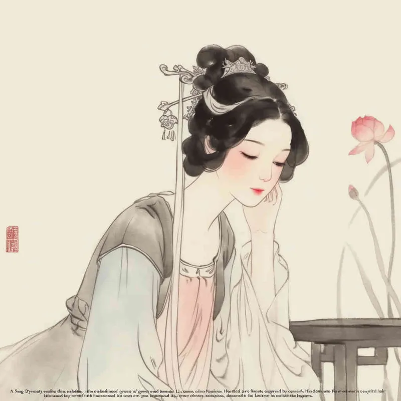 A Chinese Song Dynasty girl,  an emoticon, Li Qingzhao, joyful sitting on a stool, front facing, with curled hair and hairpins, dressed in Song Dynasty clothing, Hanfu, cross necked, traditional Chinese ink painting style, minimalism, and ink painting, --cref , -- cw 100 - style2部分