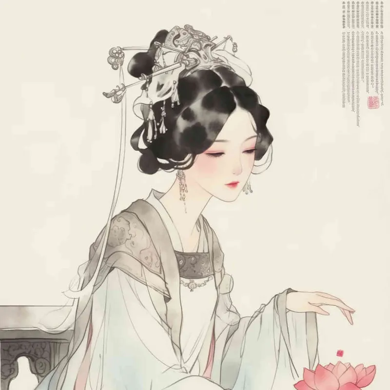 A Chinese Song Dynasty girl,  an emoticon, Li Qingzhao, joyful sitting on a stool, front facing, with curled hair and hairpins, dressed in Song Dynasty clothing, Hanfu, cross necked, traditional Chinese ink painting style, minimalism, and ink painting, --cref , -- cw 100 - style3部分