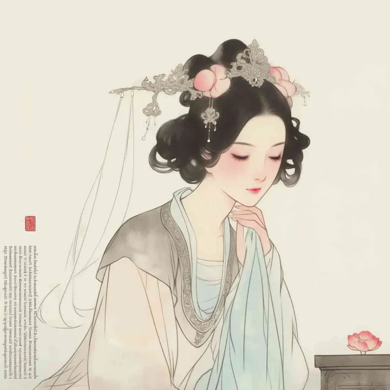 A Chinese Song Dynasty girl,  an emoticon, Li Qingzhao, joyful sitting on a stool, front facing, with curled hair and hairpins, dressed in Song Dynasty clothing, Hanfu, cross necked, traditional Chinese ink painting style, minimalism, and ink painting, --cref , -- cw 100 - style4部分