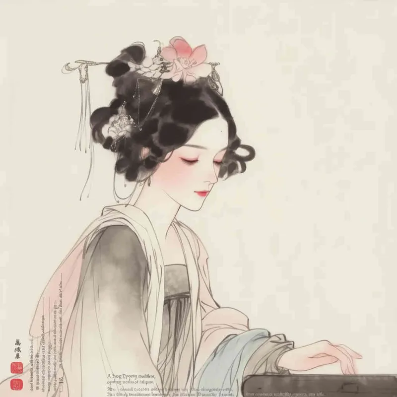 A Chinese Song Dynasty girl,  an emoticon, Li Qingzhao, joyful sitting on a stool, front facing, with curled hair and hairpins, dressed in Song Dynasty clothing, Hanfu, cross necked, traditional Chinese ink painting style, minimalism, and ink painting, --cref , -- cw 100 - style1部分