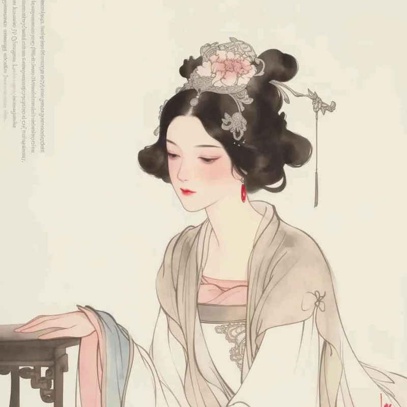 A Chinese Song Dynasty girl,  an emoticon, Li Qingzhao, joyful sitting on a stool, front facing, with curled hair and hairpins, dressed in Song Dynasty clothing, Hanfu, cross necked, traditional Chinese ink painting style, minimalism, and ink painting, --cref , -- cw 100 - style2部分