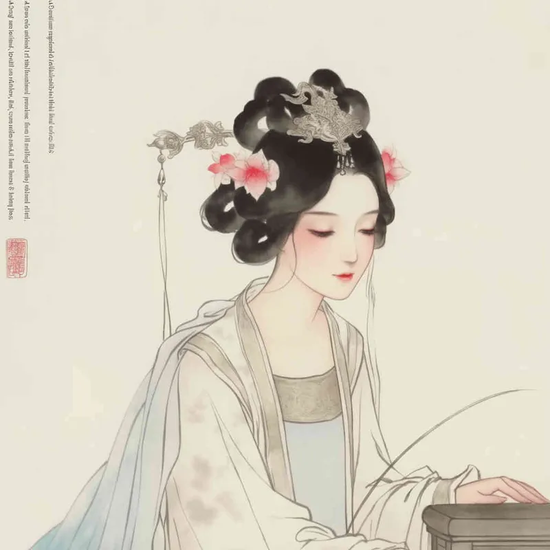 A Chinese Song Dynasty girl,  an emoticon, Li Qingzhao, joyful sitting on a stool, front facing, with curled hair and hairpins, dressed in Song Dynasty clothing, Hanfu, cross necked, traditional Chinese ink painting style, minimalism, and ink painting, --cref , -- cw 100 - style3部分