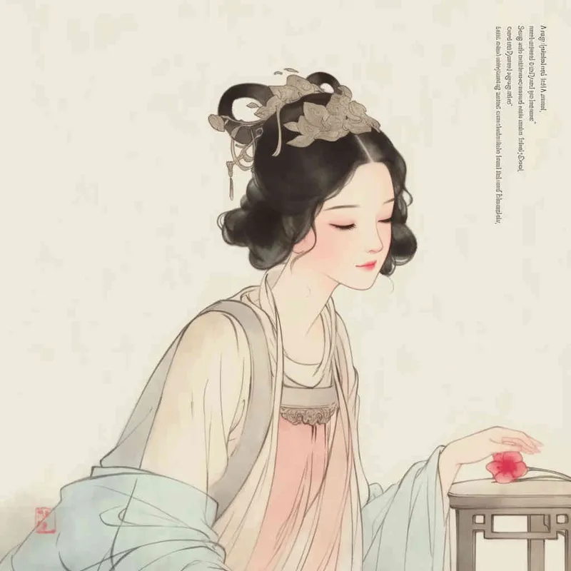 A Chinese Song Dynasty girl,  an emoticon, Li Qingzhao, joyful sitting on a stool, front facing, with curled hair and hairpins, dressed in Song Dynasty clothing, Hanfu, cross necked, traditional Chinese ink painting style, minimalism, and ink painting, --cref , -- cw 100 - style4部分