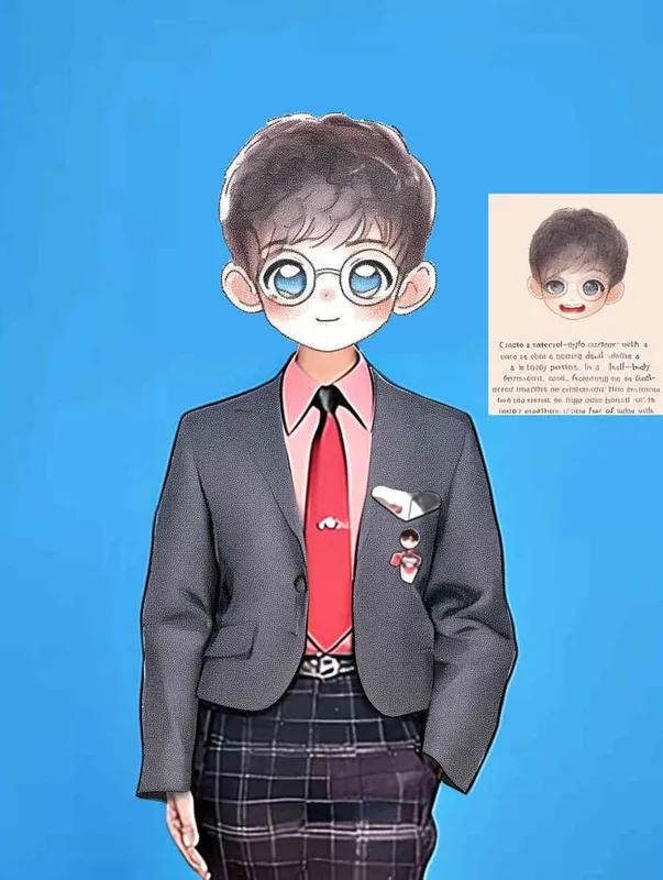 （制作一款水彩画风卡通人物），（卡通人物），（水彩风卡通人物），（可爱公仔样式），（闭口微笑），（人像正身），（半身），（精致脸），（要和图片画风一模一样），8000K分辨率 - style3部分
