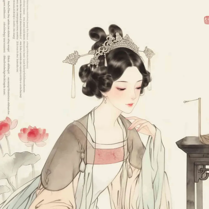 A Chinese Song Dynasty girl,  an emoticon, Li Qingzhao, joyful sitting on a stool, front facing, with curled hair and hairpins, dressed in Song Dynasty clothing, Hanfu, cross necked, traditional Chinese ink painting style, minimalism, and ink painting, –cref URL , — cw 100 – AI绘画作品展示 | Midjourney中文版生成