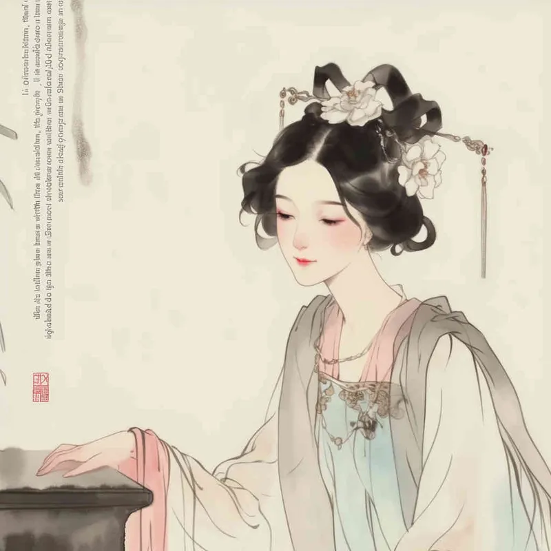 A Chinese Song Dynasty girl,  an emoticon, Li Qingzhao, joyful sitting on a stool, front facing, with curled hair and hairpins, dressed in Song Dynasty clothing, Hanfu, cross necked, traditional Chinese ink painting style, minimalism, and ink painting, --cref URL , -- cw 100 - style2部分