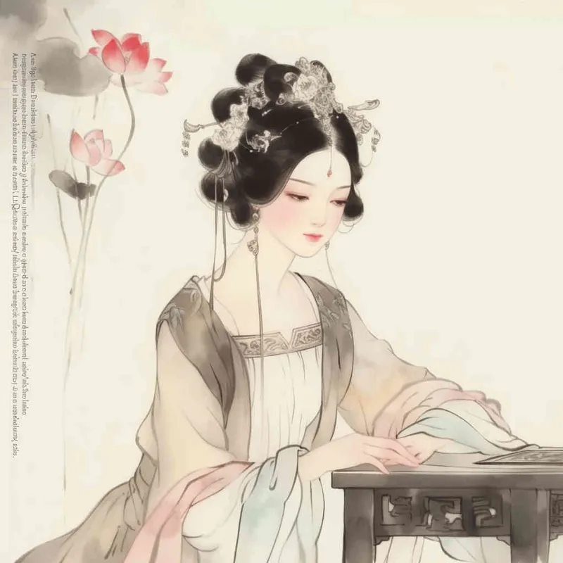 A Chinese Song Dynasty girl,  an emoticon, Li Qingzhao, joyful sitting on a stool, front facing, with curled hair and hairpins, dressed in Song Dynasty clothing, Hanfu, cross necked, traditional Chinese ink painting style, minimalism, and ink painting, --cref URL , -- cw 100 - style3部分