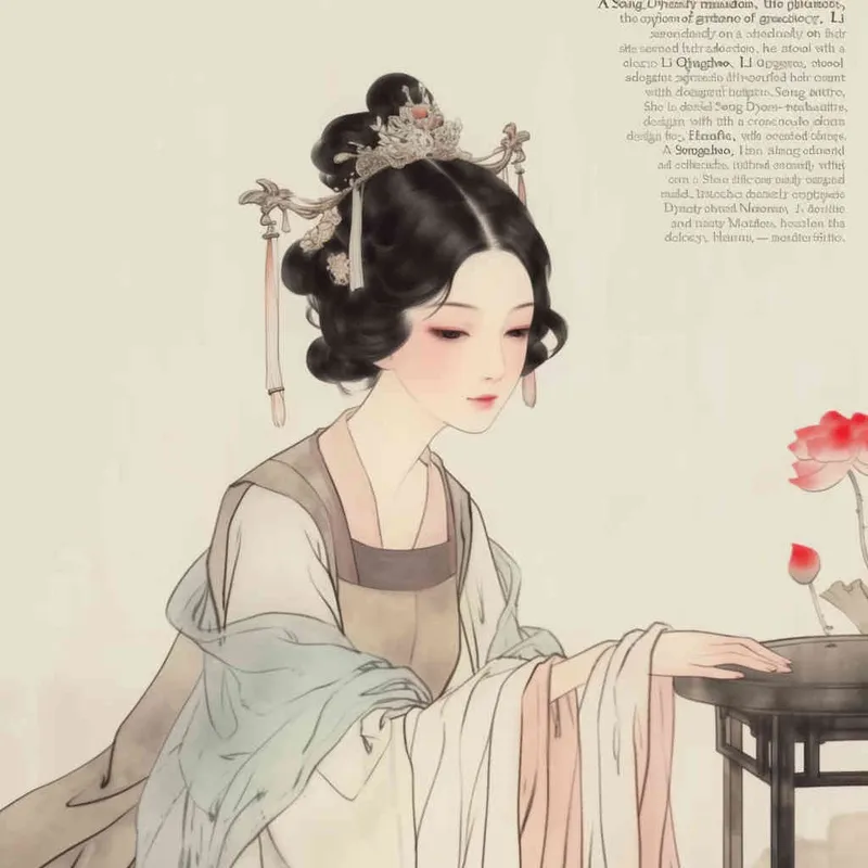 A Chinese Song Dynasty girl,  an emoticon, Li Qingzhao, joyful sitting on a stool, front facing, with curled hair and hairpins, dressed in Song Dynasty clothing, Hanfu, cross necked, traditional Chinese ink painting style, minimalism, and ink painting, --cref URL , -- cw 100 - style4部分
