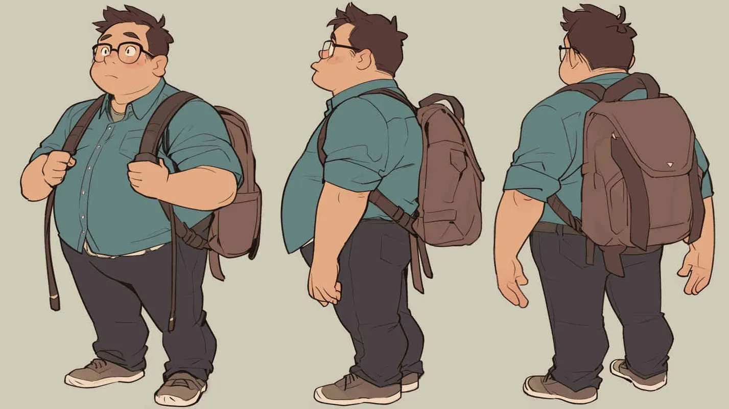 A 30-year-old man, an ordinary office worker, with large eyes that convey a sense of curiosity and enthusiasm. Slightly chubby but not overweight, with a roundish figure. Brown hair, slightly messy, giving off an approachable and humorous vibe. He wears simple and plain clothing, possibly a T-shirt and jeans, with an old-fashioned backpack slung over his shoulder,Pixar style, Disney Style, 3D design, C4D modeling,LivelyAtmosphere, Blender, OC Renderer, High Detail, High Quality - AI绘画作品展示 | Midjourney中文版生成