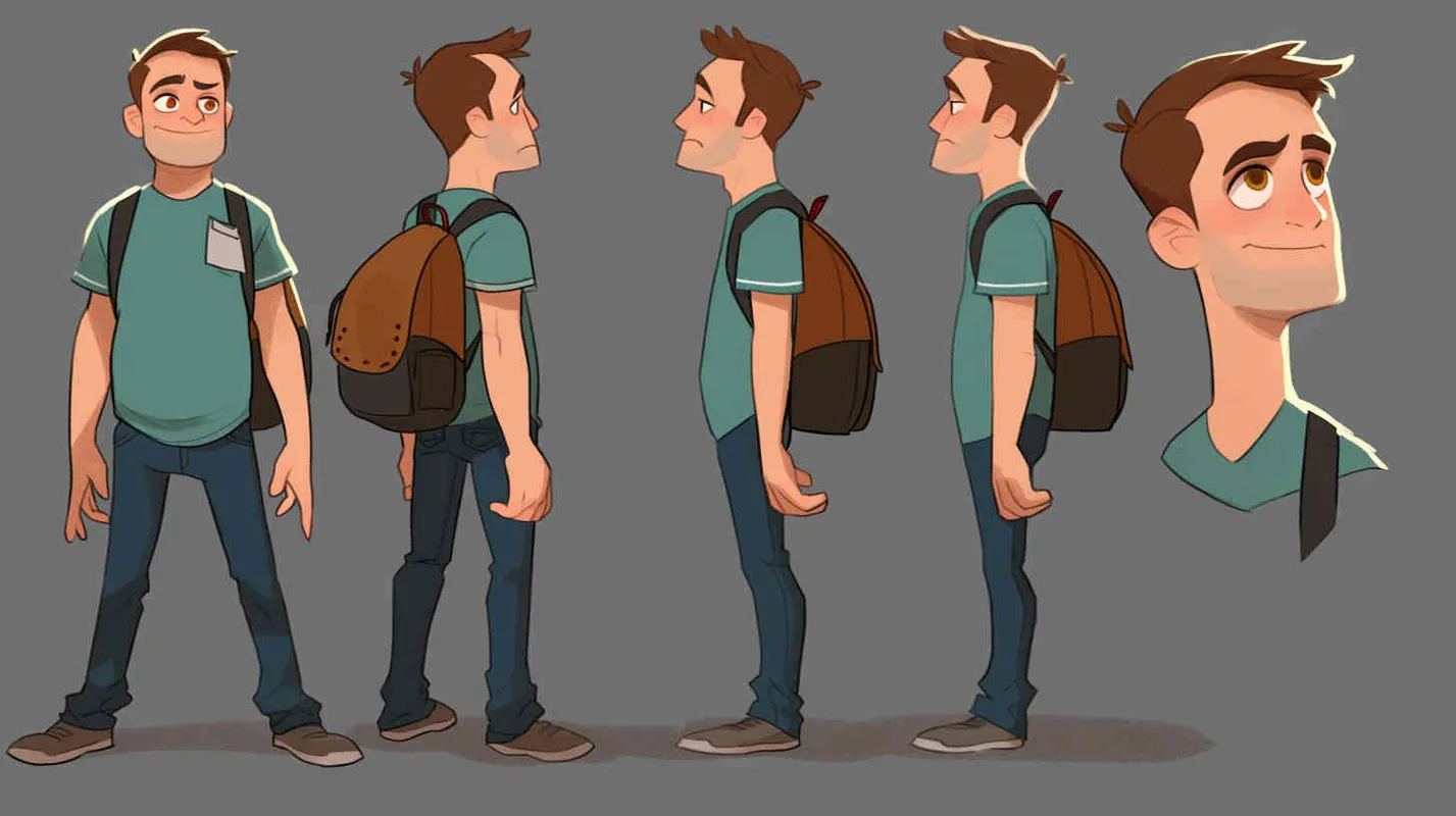 A 30-year-old man, an ordinary office worker, with large eyes that convey a sense of curiosity and enthusiasm. Slightly chubby but not overweight, with a roundish figure. Brown hair, slightly messy, giving off an approachable and humorous vibe. He wears simple and plain clothing, possibly a T-shirt and jeans, with an old-fashioned backpack slung over his shoulder,Pixar style, Disney Style, 3D design, C4D modeling,LivelyAtmosphere, Blender, OC Renderer, High Detail, High Quality - AI绘画作品展示 | Midjourney中文版生成