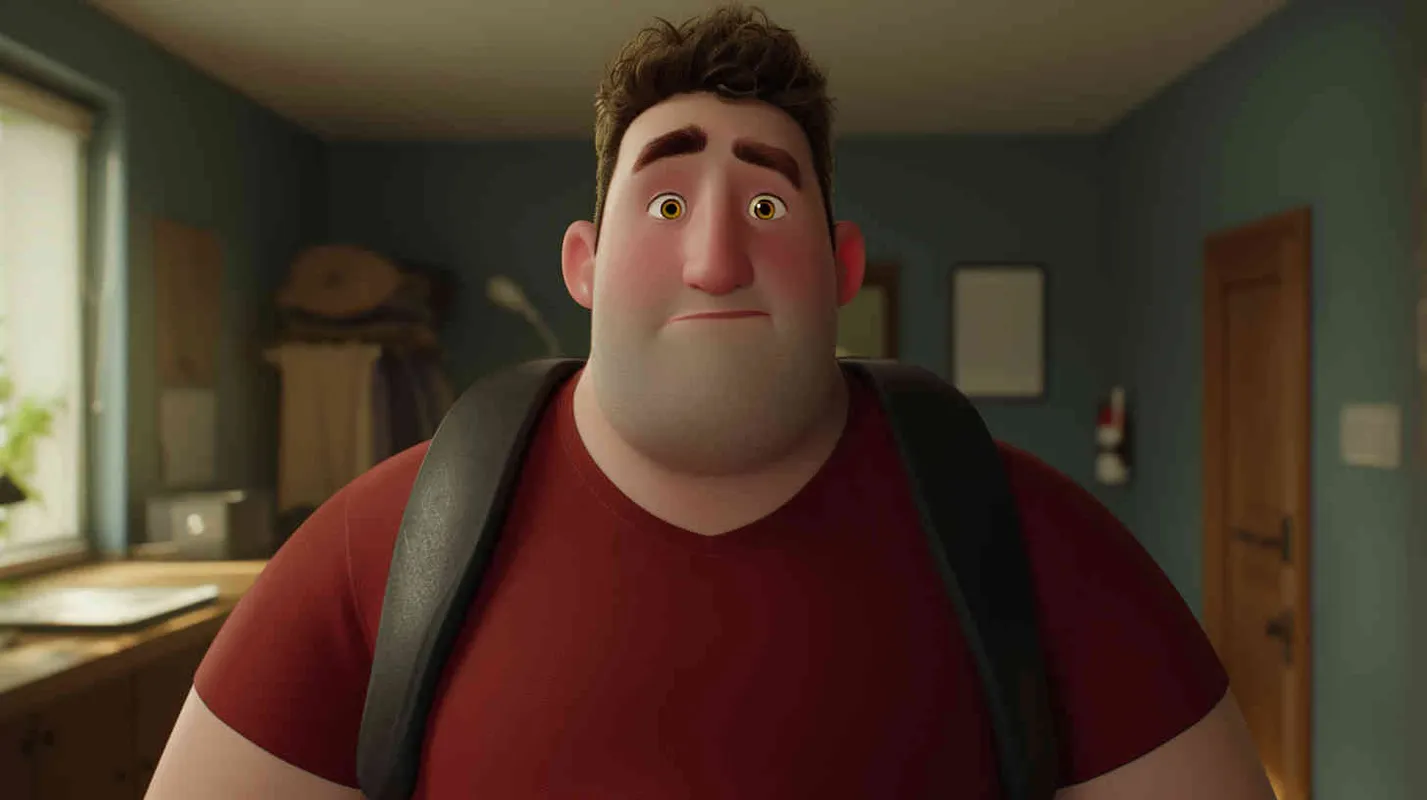 A 30-year-old man, an ordinary office worker, with large eyes that convey a sense of curiosity and enthusiasm. Slightly chubby but not overweight, with a roundish figure. Brown hair, slightly messy, giving off an approachable and humorous vibe. He wears simple and plain clothing, possibly a T-shirt and jeans, with an old-fashioned backpack slung over his shoulder,Pixar style, Disney Style, 3D design, C4D modeling,LivelyAtmosphere, Blender, OC Renderer, High Detail, High Quality - style1部分