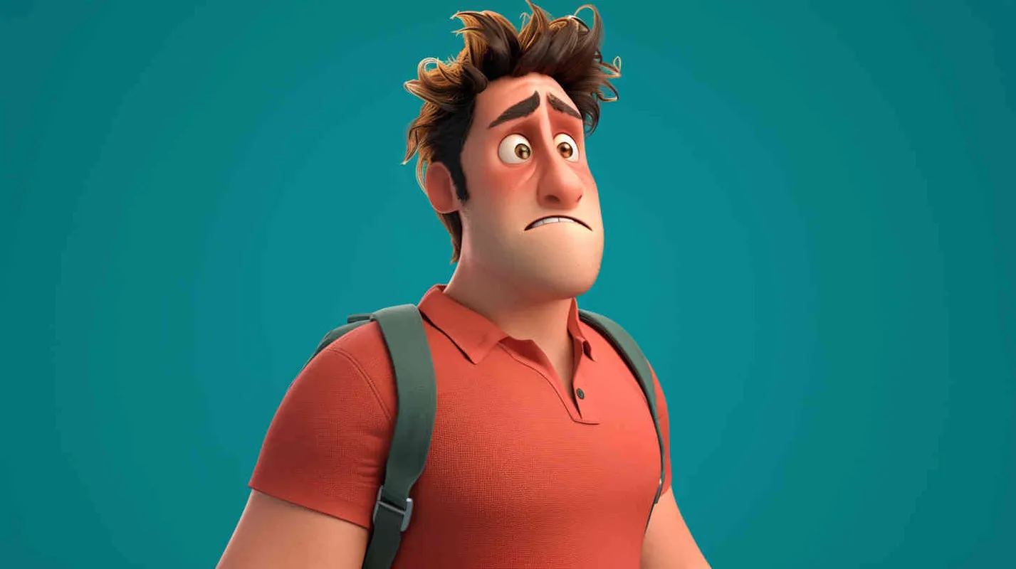A 30-year-old man, an ordinary office worker, with large eyes that convey a sense of curiosity and enthusiasm. Slightly chubby but not overweight, with a roundish figure. Brown hair, slightly messy, giving off an approachable and humorous vibe. He wears simple and plain clothing, possibly a T-shirt and jeans, with an old-fashioned backpack slung over his shoulder,Pixar style, Disney Style, 3D design, C4D modeling,LivelyAtmosphere, Blender, OC Renderer, High Detail, High Quality - style3部分