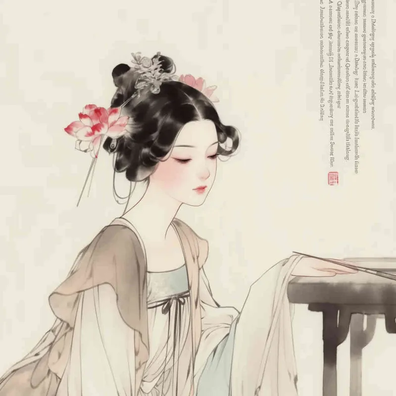 A Chinese Song Dynasty girl,  an emoticon, Li Qingzhao, joyful sitting on a stool, front facing, with curled hair and silver hairpins, dressed in Song Dynasty clothing,Light brown  Hanfu, cross necked, traditional Chinese ink painting style, minimalism, and ink painting, –cref URL — cw 100 – AI绘画作品展示 | Midjourney中文版生成