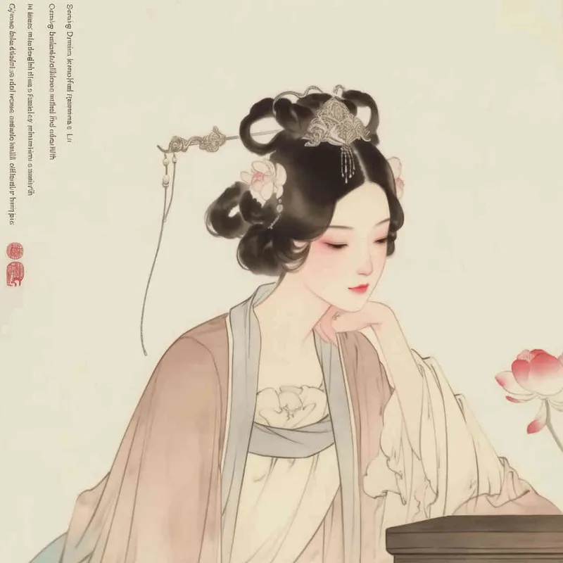 A Chinese Song Dynasty girl,  an emoticon, Li Qingzhao, joyful sitting on a stool, front facing, with curled hair and silver hairpins, dressed in Song Dynasty clothing,Light brown  Hanfu, cross necked, traditional Chinese ink painting style, minimalism, and ink painting, --cref URL -- cw 100 - style3部分