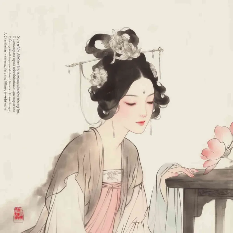 A Chinese Song Dynasty girl,  an emoticon, Li Qingzhao, joyful sitting on a stool, front facing, with curled hair and silver hairpins, dressed in Song Dynasty clothing,Light brown  Hanfu, cross necked, traditional Chinese ink painting style, minimalism, and ink painting, --cref URL -- cw 100 - style4部分